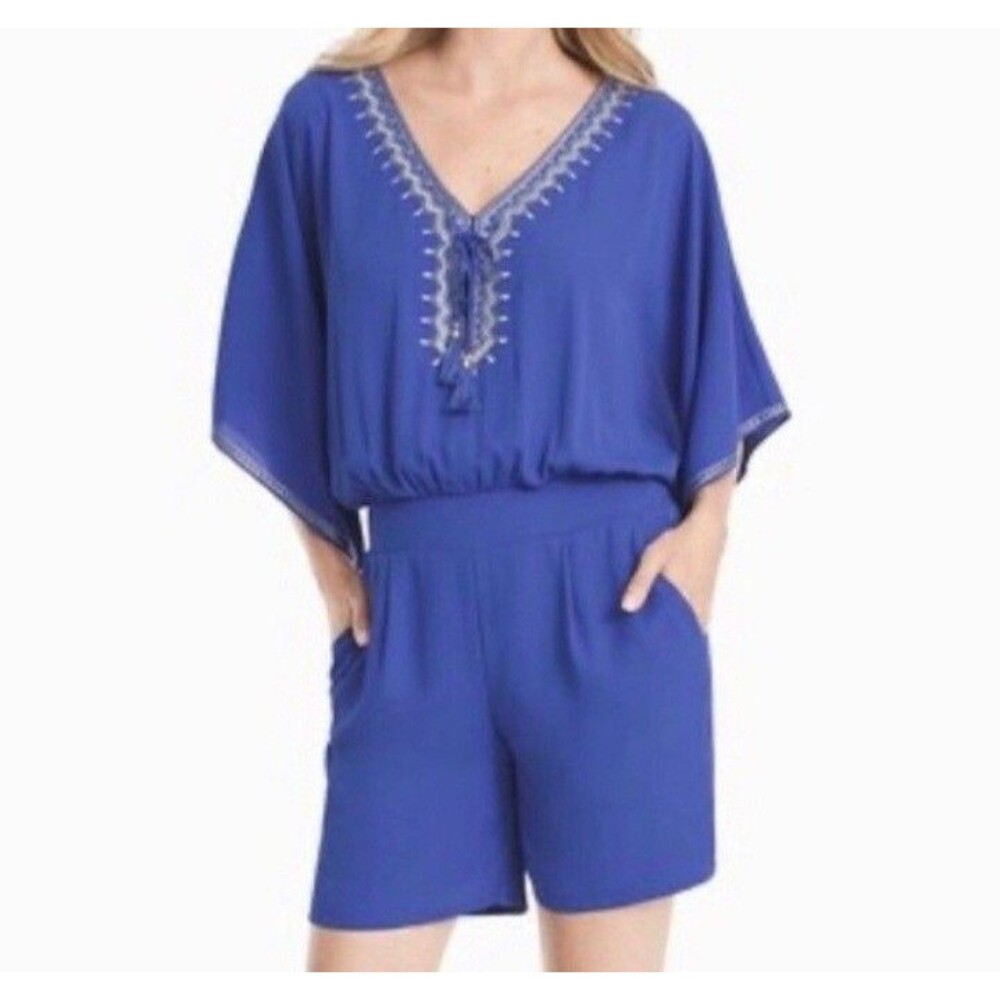 White House Black Market Boho Blue Embellished Romper Women's 8